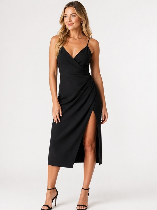 Lulus Dresses & Skirts - Lulu's Black Spaghetti-Strap Ruched Midi Cocktail Dress with Side Slit LBD